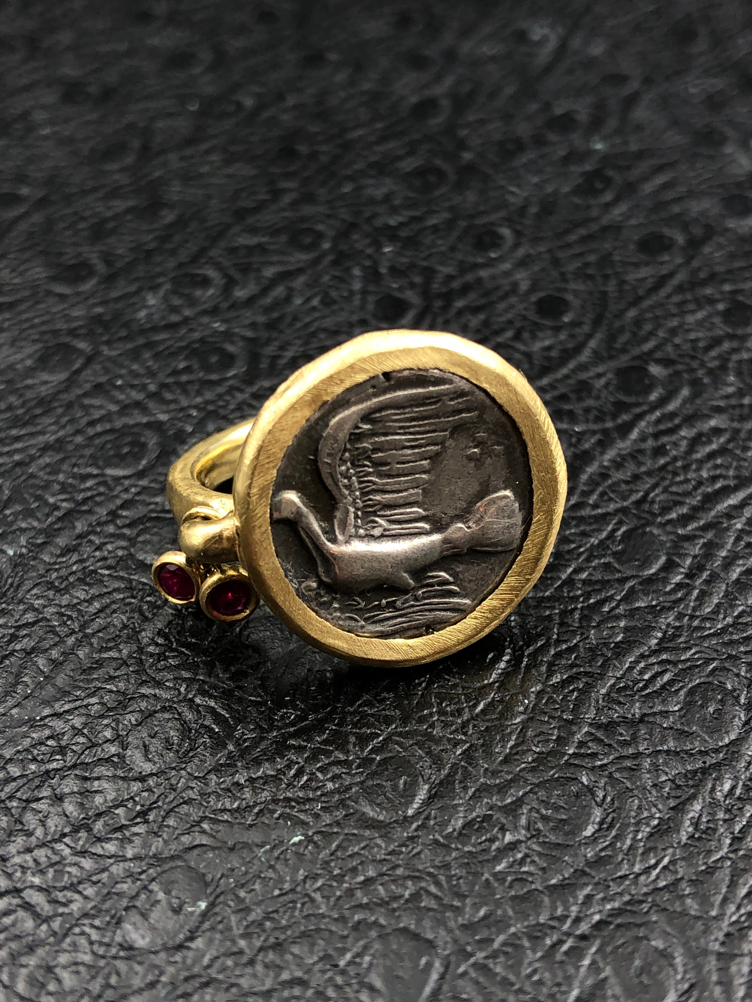 Ancient Dove Ring with Ruby Dangles